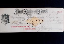 1901 Yılı Amerika First National Bank Çek yaprağı Orjinal