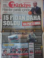 Türkiye Gazetesi,9 Eylül 2015,Recep Tayyip Erdoğan,15 Fidan Daha Soldu,Ahmet Davutoğlu,Arda Turan,Selahattin Demirtaş,Figen Yüksekdağ,Fenerbahçe,Robin Van Persie,Kjaer,Ergin Ataman