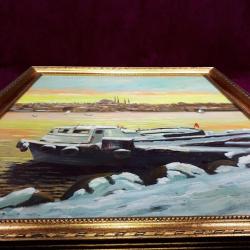 VINTAGE KARLAR ALTINDA İSTANBUL HALİÇ MANZARALI ALTIN VARAK AHŞAP ÇERÇEVELİ BÜYÜK EBAT İMZALI YAĞLIBOYA RESİM