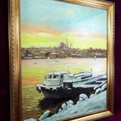 VINTAGE KARLAR ALTINDA İSTANBUL HALİÇ MANZARALI ALTIN VARAK AHŞAP ÇERÇEVELİ BÜYÜK EBAT İMZALI YAĞLIBOYA RESİM