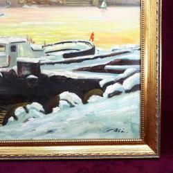 VINTAGE KARLAR ALTINDA İSTANBUL HALİÇ MANZARALI ALTIN VARAK AHŞAP ÇERÇEVELİ BÜYÜK EBAT İMZALI YAĞLIBOYA RESİM