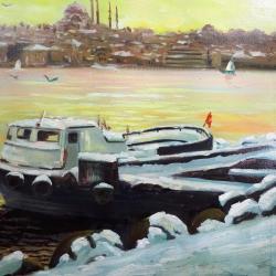 VINTAGE KARLAR ALTINDA İSTANBUL HALİÇ MANZARALI ALTIN VARAK AHŞAP ÇERÇEVELİ BÜYÜK EBAT İMZALI YAĞLIBOYA RESİM