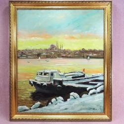 VINTAGE KARLAR ALTINDA İSTANBUL HALİÇ MANZARALI ALTIN VARAK AHŞAP ÇERÇEVELİ BÜYÜK EBAT İMZALI YAĞLIBOYA RESİM