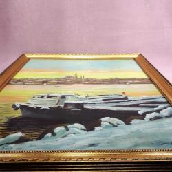 VINTAGE KARLAR ALTINDA İSTANBUL HALİÇ MANZARALI ALTIN VARAK AHŞAP ÇERÇEVELİ BÜYÜK EBAT İMZALI YAĞLIBOYA RESİM