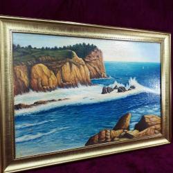 VINTAGE RUS RESSAMDAN İMZALI TARİHLİ FIRTINADA KAYALARA VURAN DALGALAR TEMALI ÇERÇEVELİ YAĞLIBOYA RESİM