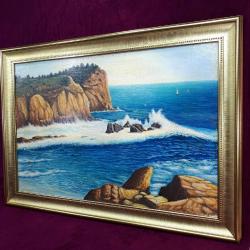 VINTAGE RUS RESSAMDAN İMZALI TARİHLİ FIRTINADA KAYALARA VURAN DALGALAR TEMALI ÇERÇEVELİ YAĞLIBOYA RESİM