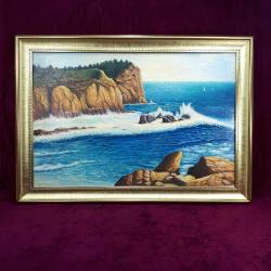 VINTAGE RUS RESSAMDAN İMZALI TARİHLİ FIRTINADA KAYALARA VURAN DALGALAR TEMALI ÇERÇEVELİ YAĞLIBOYA RESİM