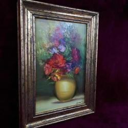 VINTAGE VAZODA ÇİÇEKLER İMZALI ÇERÇEVELİ YAĞLIBOYA RESİM