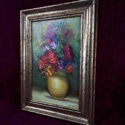 VINTAGE VAZODA ÇİÇEKLER İMZALI ÇERÇEVELİ YAĞLIBOYA RESİM