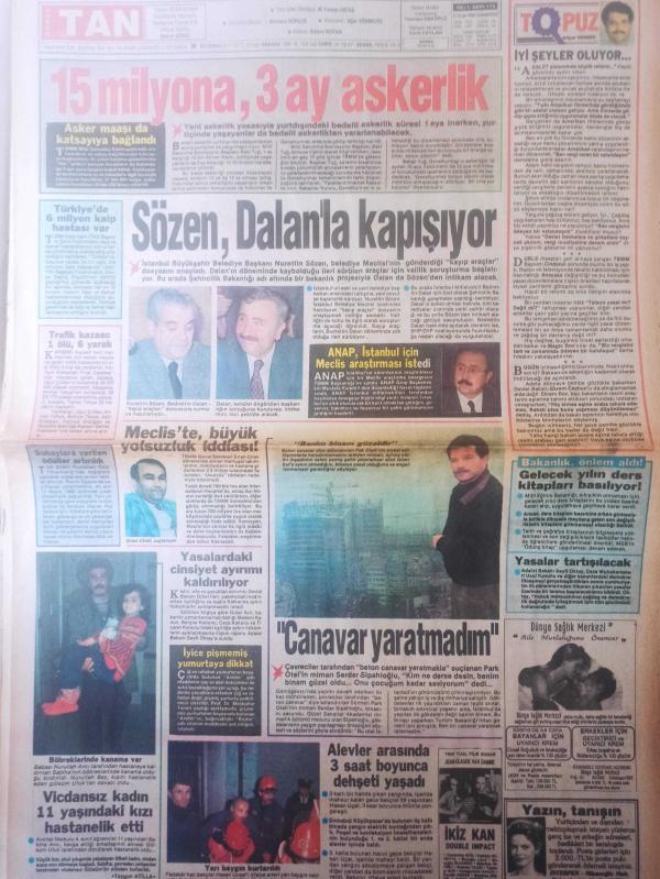 Süper Tan Gazetesi 11 Ocak 1992 Kaya Çilingiroğlu Fulya  