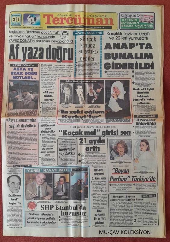 Tercüman Gazetesi 21 Kasım 1985 Af Yaza Doğru ANAP ta Bunalım  