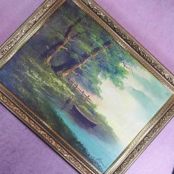 VINTAGE AHŞAP ÇERÇEVELİ ORMAN İÇİNDE GÖL KENARINDA TEKNE PEYZAJ İMZALI YAĞLIBOYA RESİM