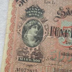 Orjinal Eski dönem Alman Kağıt para 500 Mark 1911 Dresden Sachsische Bank ÇÇT Kondüsyon