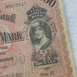 Orjinal Eski dönem Alman Kağıt para 500 Mark 1911 Dresden Sachsische Bank ÇÇT Kondüsyon
