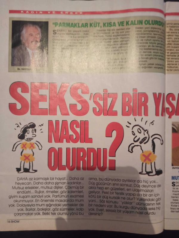 Show Dergisi 16 Ağustos 1992 Derya Arbaş Seks iz bir yaşam basıl  