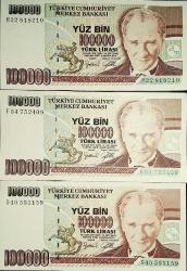 Efemera - 7. Emisyon 100.000 Türk Lirası 3 Adet Karışık Harf Eski Koleksiyon Kağıt Para. T.C Banknotlar. Cumhuriyet Dönemi. - kitantik - kitaLog