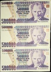 Efemera - 7. Emisyon 500.000 Türk Lirası 3 Adet Karışık Harf Eski Koleksiyon Kağıt Para. T.C Banknotlar. Cumhuriyet Dönemi. - kitantik - kitaLog