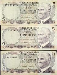 Efemera - 6. Emisyon 5 Türk Lirası 3 Adet Karışık Harf Eski Koleksiyon Kağıt Para. T.C Banknotlar. Cumhuriyet Dönemi. - kitantik - kitaLog
