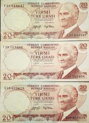 Efemera - 6. Emisyon 20 Türk Lirası 3 Adet Karışık Harf Eski Koleksiyon Kağıt Para. T.C Banknotlar. Cumhuriyet Dönemi. - kitantik - kitaLog