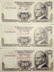 Efemera - 6. Emisyon 50 Türk Lirası 3 Adet Karışık Harf Eski Koleksiyon Kağıt Para. T.C Banknotlar. Cumhuriyet Dönemi. - kitantik - kitaLog