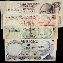 Efemera - F Harfı 6. Emisyon 50,20,10,5  Türk Lirası 4 Adet Eski Koleksiyon Kağıt Para. T.C Banknotlar. Cumhuriyet Dönemi. - kitantik - kitaLog