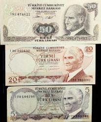 Efemera - I Harfı 6. Emisyon 50,20,5  Türk Lirası 3 Adet Eski Koleksiyon Kağıt Para. T.C Banknotlar. Cumhuriyet Dönemi. - kitantik - kitaLog