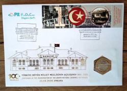 TBMM'nin Açılışının 100. Yıl (Tedavül) Hatıra Parası ve Özel Gün Zarf Özel Folder'ında Pullu, Damgalı ÇİL (Özel Koruma Föyünde Gönderilecektir)