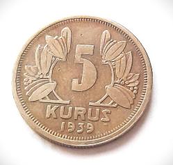 5 KURUŞ 1939 NİKEL T.C. HATALI BASIM