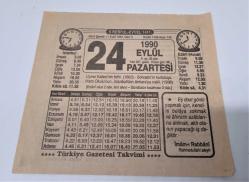 Efemera - 24 Eylül 1990 Pazartesi \ Orjinal Dönem Takvim Yaprağı Efemera - kitantik - kitaLog