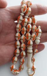 OSMANLI SON DÖNEM MORS BALIĞI DİŞİ ÜSTÜNE MERCAN İŞLEME SİMLİ KAKMALI ALTIN KAPLAMA SARMAL BÜYÜK USTALIKLI MUHTEŞEM TESPİH AA1R1R PEK ÇIKMAZ