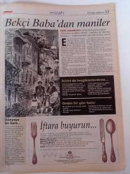 Milliyet İftar Sofraları Gazetesi -9 Aralık 1999 - Feshane'de Tarih Canlanıyor - Koza Restaurant - Restoran Atmosferinde İftar - Kallavi Restaurant - Bekçi Babadan Maniler - Hacivat Karagöz