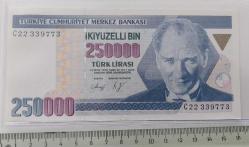 7.EMİSYON 1.TERTİP 250.000 TÜRK LİRASI ORİJİNAL KAĞIT PARA C22339773 ÇİL