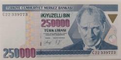 7.EMİSYON 1.TERTİP 250.000 TÜRK LİRASI ORİJİNAL KAĞIT PARA C22339773 ÇİL