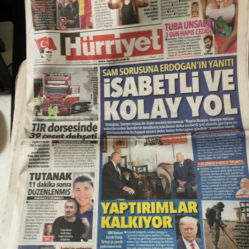 Hürriyet gazetesi 24 Ekim 2019 şam sorusuna erdoğan'ın yanıtı : isabetli ve kolay yol