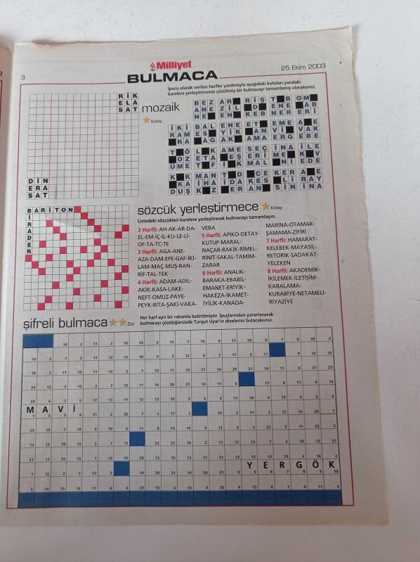 Milliyet Bulmaca Gazetesi 25 Ekim 2003 Zuhal Olcay ve Haluk  