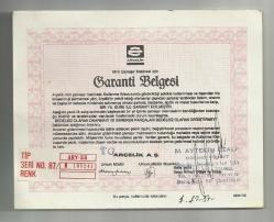 Efemera - 1987 ARÇELİK A.Ş. MİNİ ÇAMAŞIR MAKİNESİ GARANTİ BELGESİ... - kitantik - kitaLog