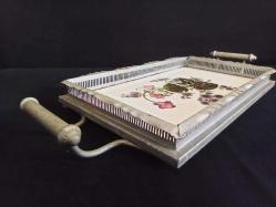 Vintage Çiçek desenli, damgalı Taş Tepsi