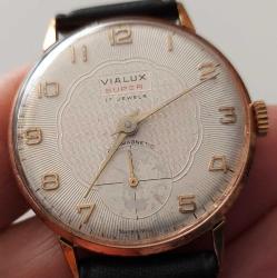 İSVİÇRE ANTİK VIALUX SUPER MARKA KURMALI BAKIMLI MUHTEŞEM ORİJİNAL AÇIK SARI KADRAN SARI AKSAMLAR ALTIN KAPLAMA KOL SAATİ 1K2BBA