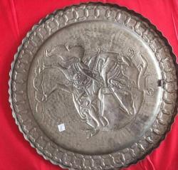 DÖVME BAKIR OĞUZ KAĞAN PORTRESİ,  EL EMEĞİ GÖZ NURU ATLI, SANCAKLI OĞUZ KAĞAN BAKIR DUVAR TABAĞI 60 CM BÜYÜK BOY.