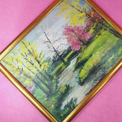 RETRO İMZALI ÇERÇEVELİ İLKBAHAR MANZARA YAĞLIBOYA RESİM