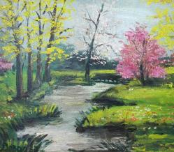 RETRO İMZALI ÇERÇEVELİ İLKBAHAR MANZARA YAĞLIBOYA RESİM