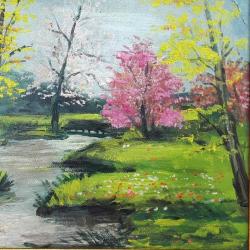 RETRO İMZALI ÇERÇEVELİ İLKBAHAR MANZARA YAĞLIBOYA RESİM