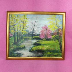 RETRO İMZALI ÇERÇEVELİ İLKBAHAR MANZARA YAĞLIBOYA RESİM