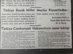 Tek yaprak Tıpkı Basım fotokopi -Ulus Gazetesi -   - Newspaper - 10 Sonteşrin 1938 - 10 Kasım 1938 - 10 November 1938 - Kurtarıcını ve en büyük evladını kaybettin. Türk Milleti, sen sagol - Şimdi tek vazifen onun eserini ebediyen yaşatmaktır - Resmi Tebliğ - Türkiye Büyük Millet Meclisi riyasetinden - Türkiye Cumhuriyeti Hükümetinin resmi tebliği -
