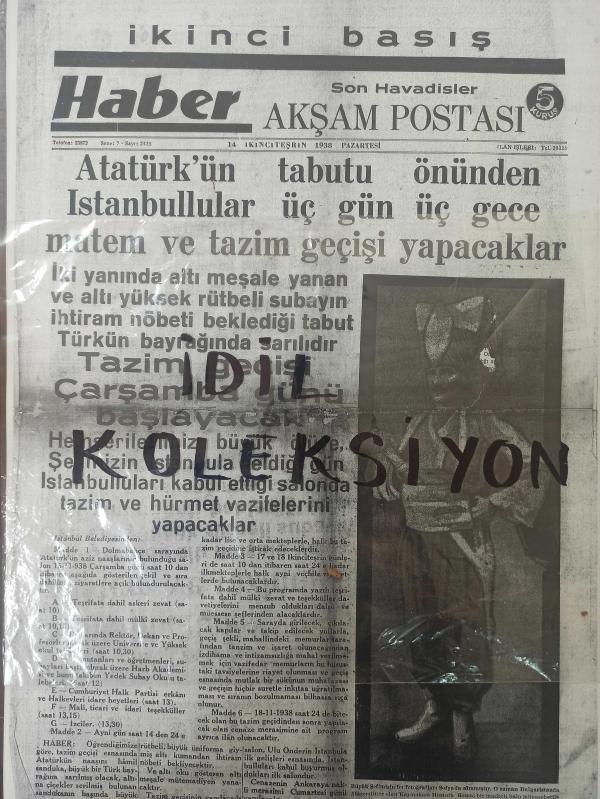 Tıpkı Basım - Dev Boy Fotokopi Kağıdında - Haber Akşam Postası Gazetesi - Newspaper - 14 İkinciteşrin 1938 - 14 Kasım 1938 - 14 November 1938 - Atatürk'ün tabutu önünden İstanbullular üç gün üç gece matem ve tazim geçişi yapacaklar - Mustafa Kemal Atatürk