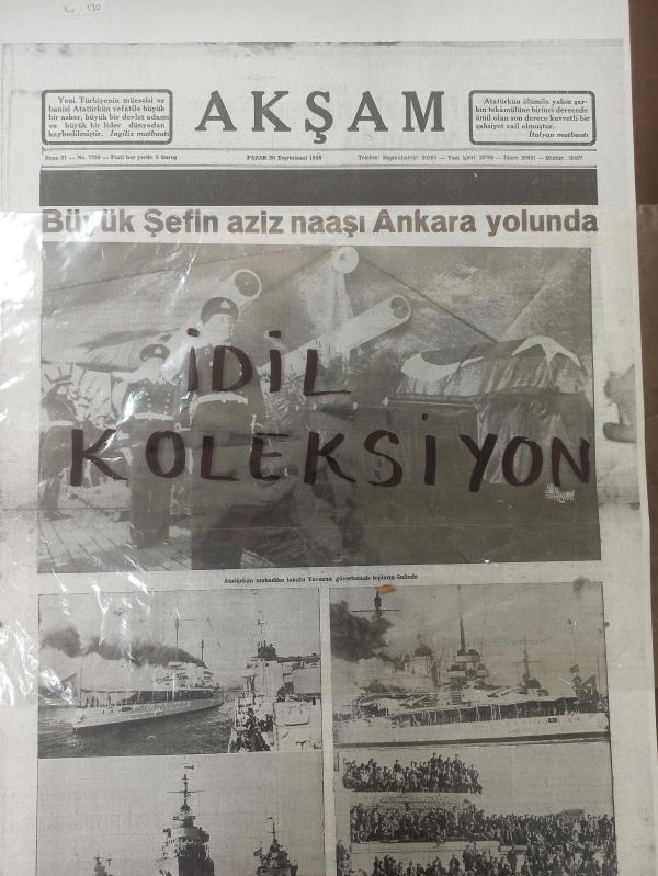 Tıpkı Basım - Dev Boy Fotokopi Kağıdında - Akşam Gazetesi - Newspaper - 20 Teşrinisani 1938 - 20 Kasım 1938 - 20 November 1938 - Büyük Şefin Aziz naaşı Ankara yolunda - Atatürk'ün mukaddes tabutu Yavuzun güvertesinde topların önünde - Atasının İstanbul'da