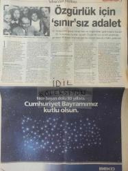 Orijinal Sabah Gazetesi - Newspaper - 29 Ekim 2003 - 29 October 2003  - Yaşasın Cumhuriyet - Tebaa'dan Yurttaş'a - Türk insanı' hakkını arıyor - Özgürlük için sınırsız adalet - Kimliğin çatısı Anayasa - Aile 50 yıldır göçüyor - Gençlerin hayalî çekirdek aile - Milliyetciye resmi kimlik - Kuruştan 20 milyona - Kadının soyadı var - Yarım Kalan eğitim - Cumhuriyetin hoş sesleri - Cumhuriyetin 80.yılı - Hayatımızı renklerdirdin -