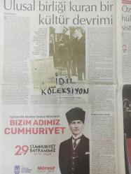 Orijinal Cumhuriyet Gazetesi - Newspaper - 29 Ekim 2019 - 29 October 2019  - Özel Eki - Ulusal birliği kuran bir kültür devrimi - Özgün bir hükümet sistemi kurdu - Atatürk'ün Cumhuriyet mücadelesi - 1400 metrede Atatürk silueti - Üç kuşak denizci - Soyadını Atatürk verdi - Şenlikler yurdda dün öğle üstü başladı - Türk kadınının üstün mevkii - Stalin, Müttefiklere açıkça çatıyor - Koyu karanlıktan sonra şafak - Cumhuriyet ve parlamenter demokrasi - Sadece saltanatını düşündü - Bir kitabın, bir zihniyetin anatomisi - İlelebet payidar olacaktır - Yıkıntılar arasından yeşeren ekonomi - Anadolu'nun dört bir yanına fabrikalar - Modern Türk kadınının sesiyiz -