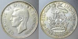 Efemera - BÜYÜK BRİTANYA GÜMÜŞ 1 ŞİLİN 1945. KRAL 6. GEORGE DÖNEMİ Kraliçe II. Elizabeth'in babası). İNGİLTERE. 23,5 mm ÇAPINDA, 5,66 GRAM. - kitantik - kitaLog