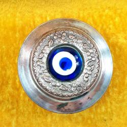 VINTAGE NAZAR BONCUKLU GÜMÜŞ KAPLAMA KAPAKLI YUVARLAK BAKIR KUTU ÇANAK